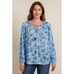 Liz Claiborne Womens Blouse‎ Blue Floral Print Tassel Size Large Spring Bohemian